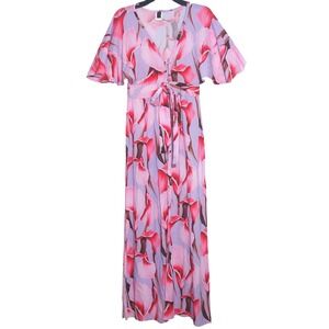 Doux Maxi Swim Cover Up Floral Print Purple Pink Flutter Sleeve Tie Waist Resort